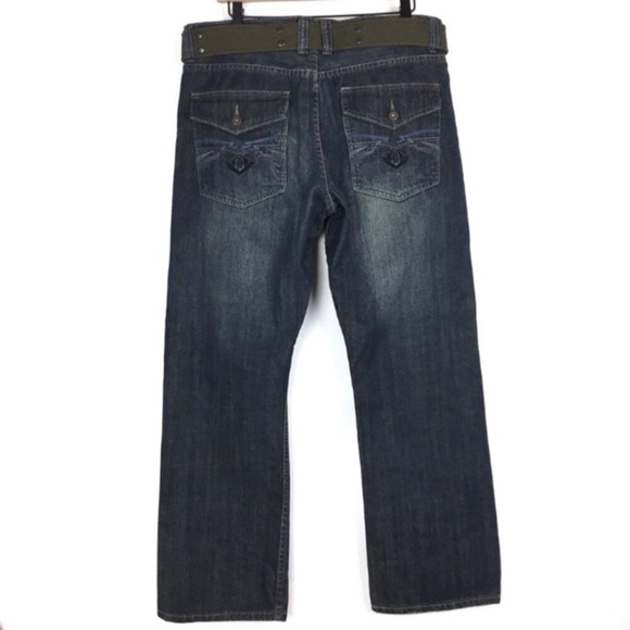 FLYPAPER Jeans Bootcut Distressed Dark Size 34 x 30 Short Inseam NWT Canvas Belt - Picture 4 of 9